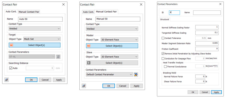 Диалоговые окна автоматического и ручного создания контакта и окно параметров контакта